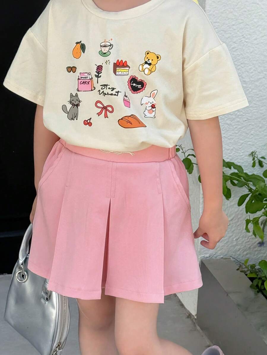 DAZY Set de 2 piezas para niñas con camiseta de punto de manga corta y cuello redondo estampada y falda de verano