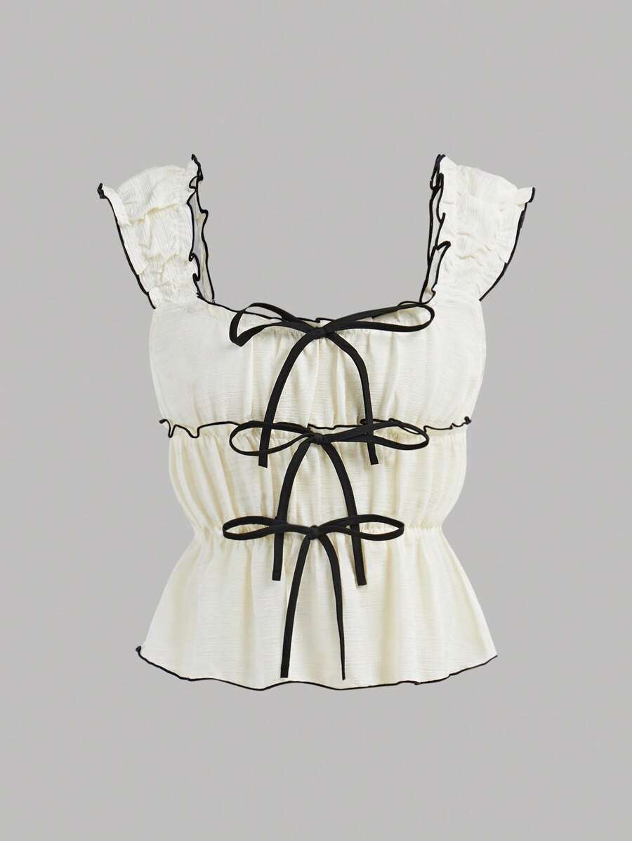 Girlism Débardeur à col en V à color-block abricot, beige et noir avec nœud papillon à la taille, convient pour les sorties, les fêtes, la rentrée scolaire, les pique-niques familiaux mignons à l'extérieur au printemps, et un usage quotidien