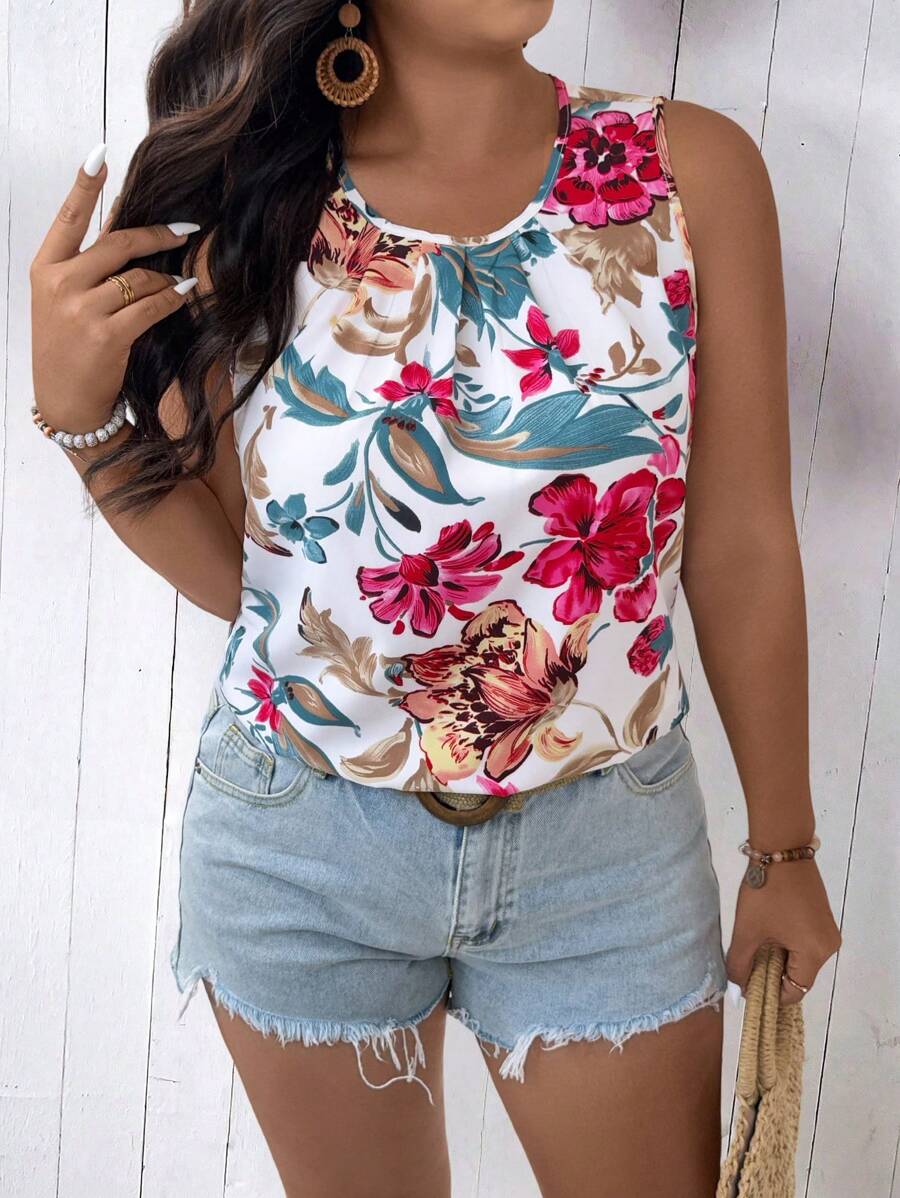 SHEIN LUNE Camicia con stampa floreale da donna per vacanze in spiaggia, in taglie oversize
