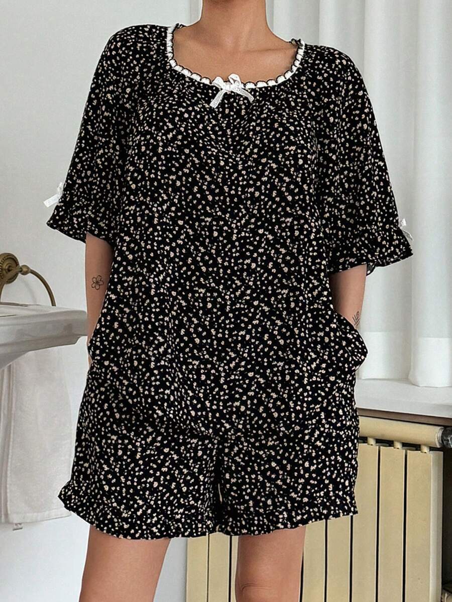 DAZY Conjunto de pijama de mujer con estampado floral diminuto y con ribete de encaje