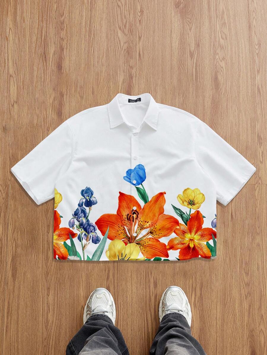 Manfinity Joysei Men's Fashion Casual Loose Cropped Shirt, Suitable For Summer Men's Cropped Tops, Flower Shirt, Men Cropped Graphic Shirt, Men S Boxy Cropped Shirt