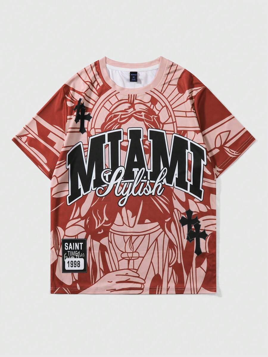 ROMWE MEN Prep Camiseta de manga corta para hombres con estampado de Virgen María, adecuada para uso diario en primavera y verano