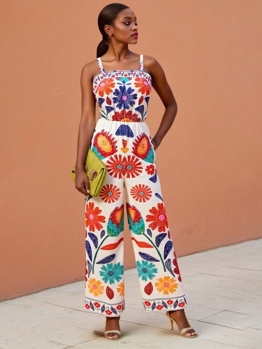 Teen Girl Casual Tropical Vacation-Style Floral Jumpsuit, Suitable For Beach Travel