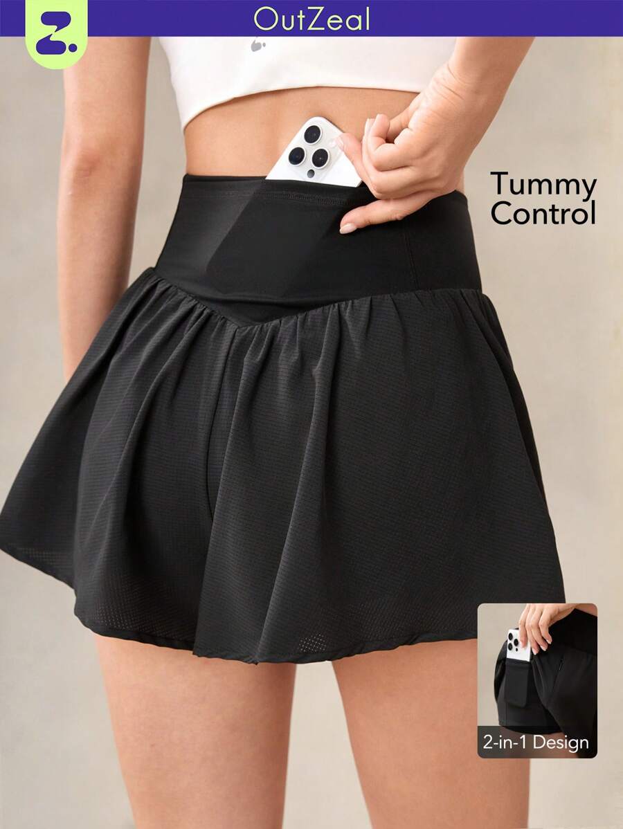 OutZeal Pantaloncini neri da donna ad alta vita con controllo addominale, traspiranti, con pantaloncini integrati, adatti per tennis e allenamento