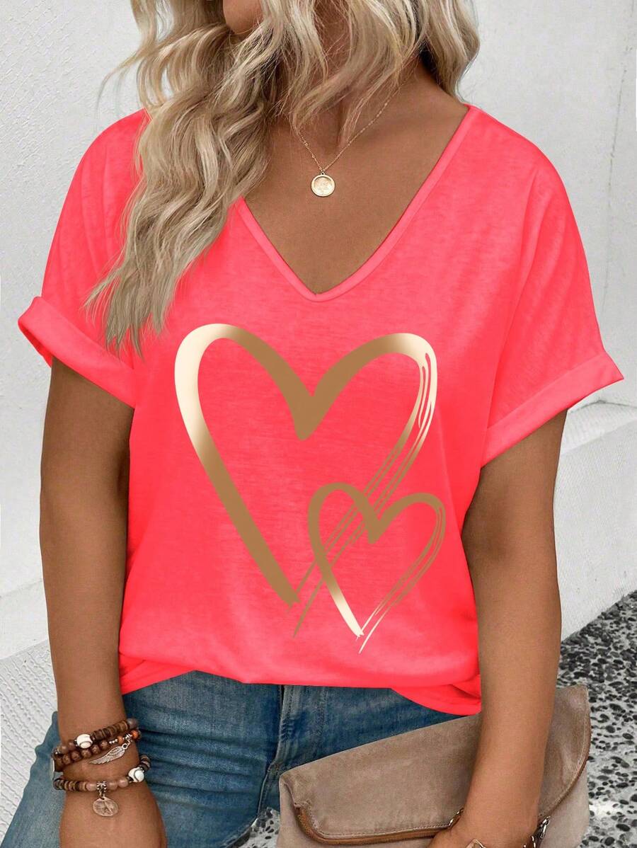 SHEIN maglietta ampia con scollo a V, maniche corte, stampa a cuore e effetto sfumato, disponibile in taglie comode per donne