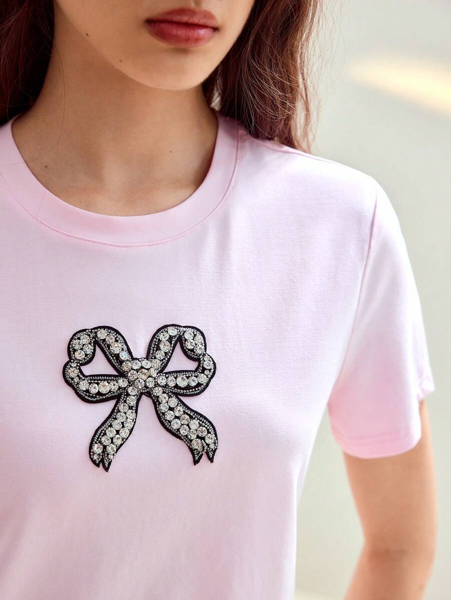 MOTF STUDIO RHINESTONE DETAIL BOW EMBROIDERY T-SHIRT,VALENTINE'S DAY