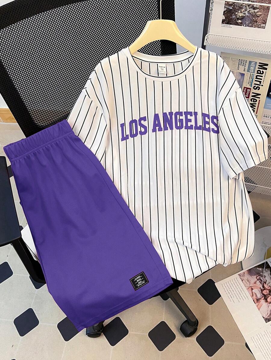 SHEIN Conjunto de 2 piezas de camiseta de manga corta y pantalones cortos para adolescentes, un estilo universitario cómodo y de moda, versátil y bonito, suave y adecuado para uso diario, escuela, viajes, deportes, rayas, fiestas festivas