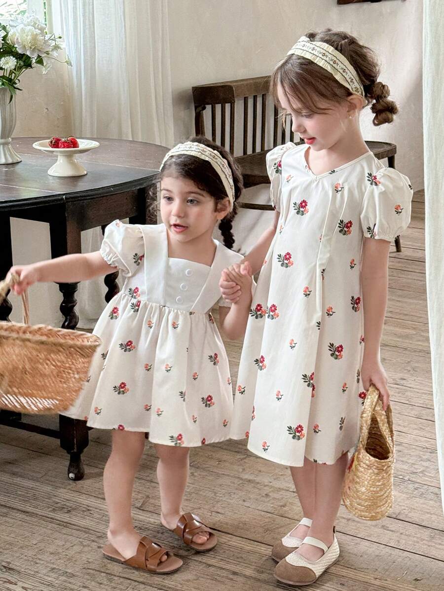 SHEIN LMoss Kids Abito smanicato da ragazza con stampa floreale e block color, adatto per l'estate