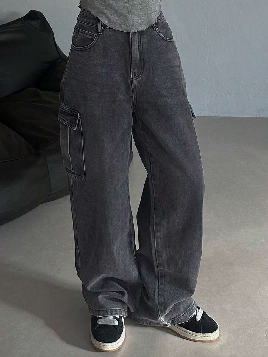 DAZY Jeans cargo de unicolor de pierna ancha y largo, de corte holgado para mujer