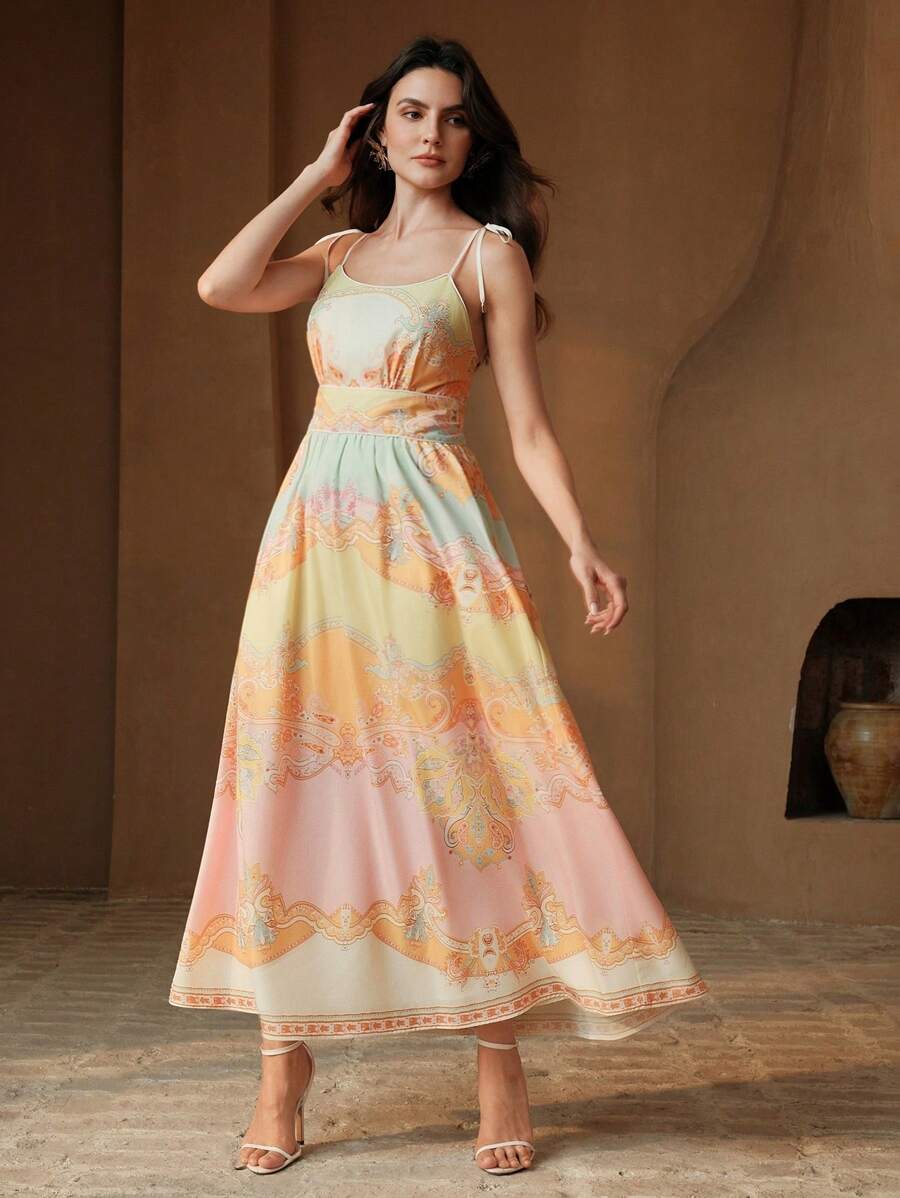 Anewsta Women's New Summer Camisole Long Dress With Waist Cinching And Yellow Floral Print