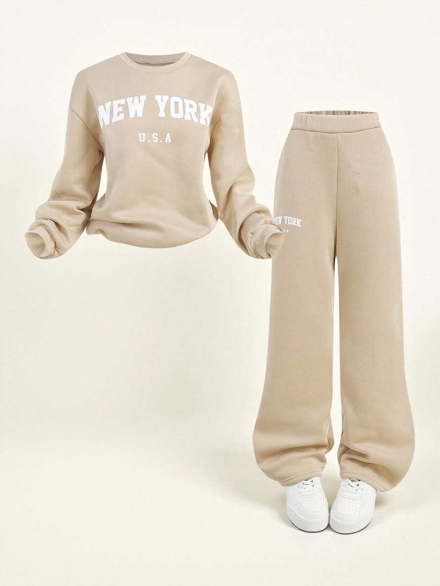 SHEIN 2 stuks/set tienermeisjes oversized casual letterprint lange mouwen sweatshirt en sportbroek set