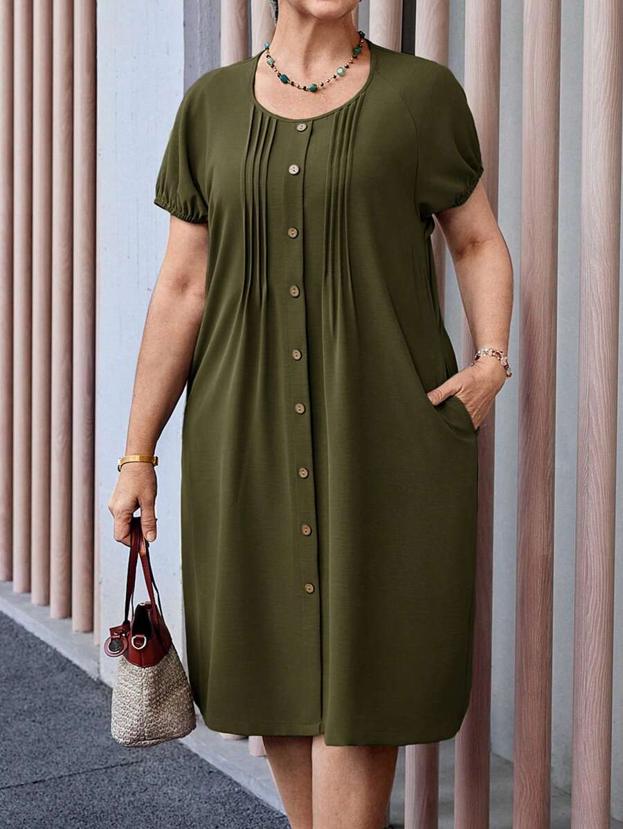 Miaspire Vestido casual de verano de manga corta con bolsillo, cuello redondo y unicolor, talla grande