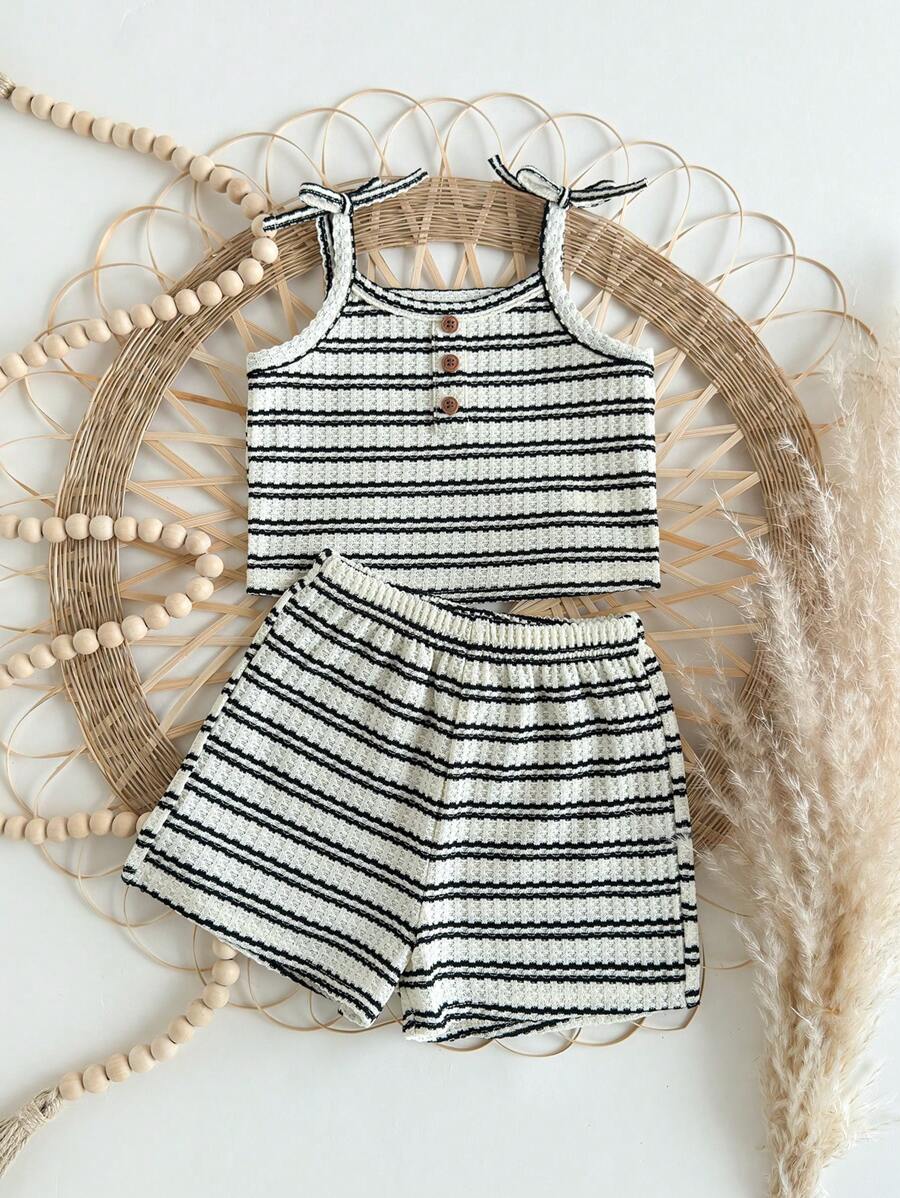 SHEIN Babygirl Cute Summer Casual Knitted Stripe Camisole Tank & Elastic Waist Shorts Set