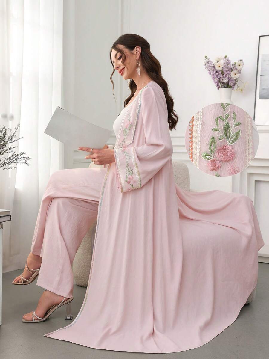 Al Najma Arabic Style Colorful Embroidery Floral Front Opening & Cuff Splice Outfit Set, Spring/Summer, Modest
