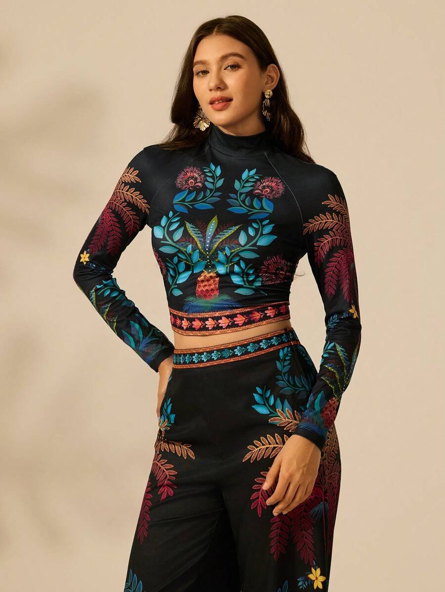 CAJUNI Maglietta da donna a maniche lunghe, collo alto, vita arricciata, vestibilità slim, stampa tropicale colorata e casual per le vacanze