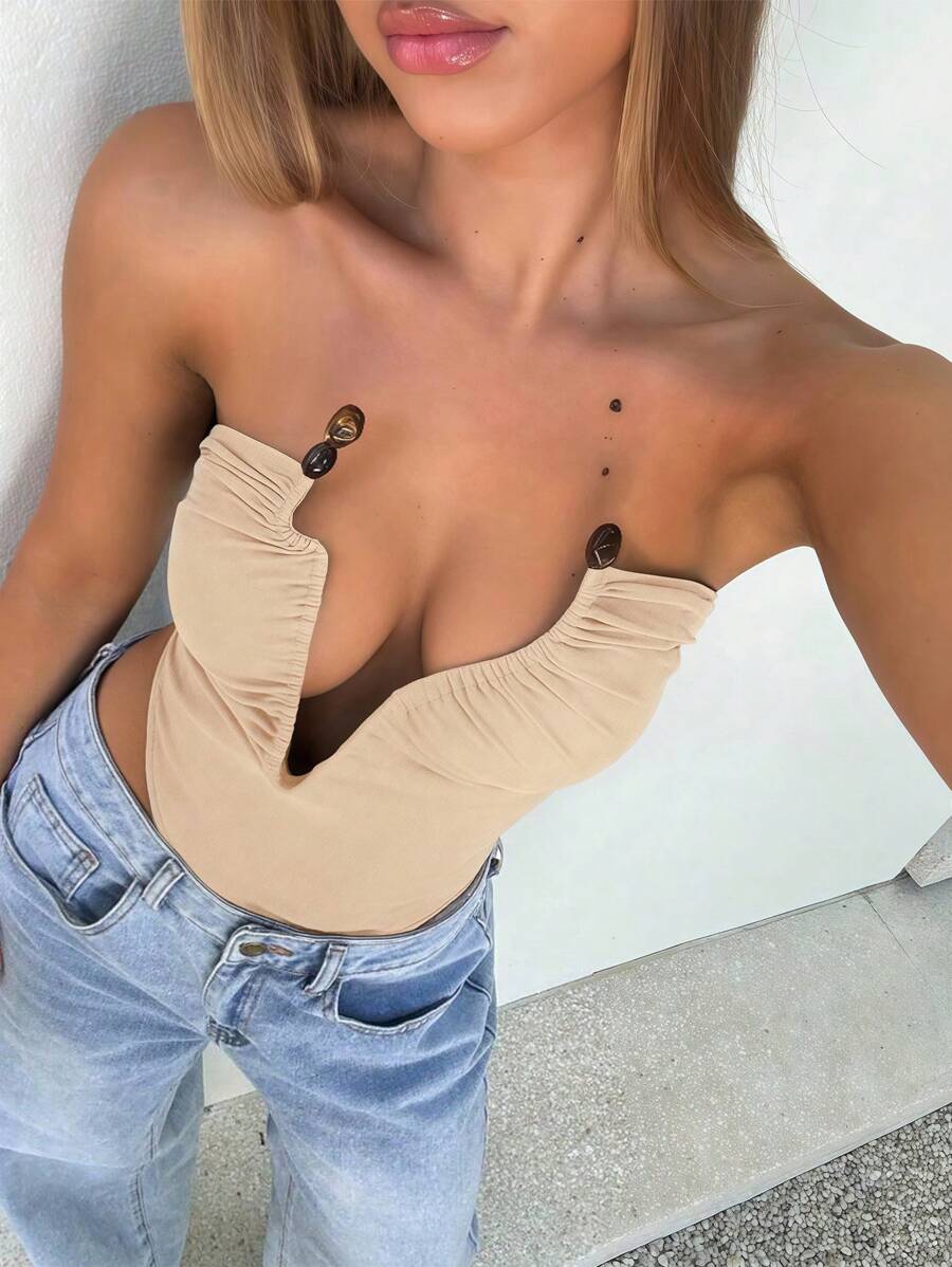 Aloruh Women's Sexy Asymmetrical Metal Hoop & Resin Decor Bodysuit, Figure Flattering
