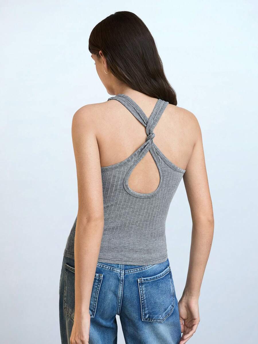Maija 2025 Estate Nuovo Grigio Asimmetrico Incrocio traforato Design Donna Senza Maniche Maglia Canotta, Chic Urbano Quotidiano Pendolare Moda, Casual Versatile Estate Spiaggia Vacanza Uso Quotidiano, Elegante Festa Matrimonio Ospite Brunch Musica Festival Laurea