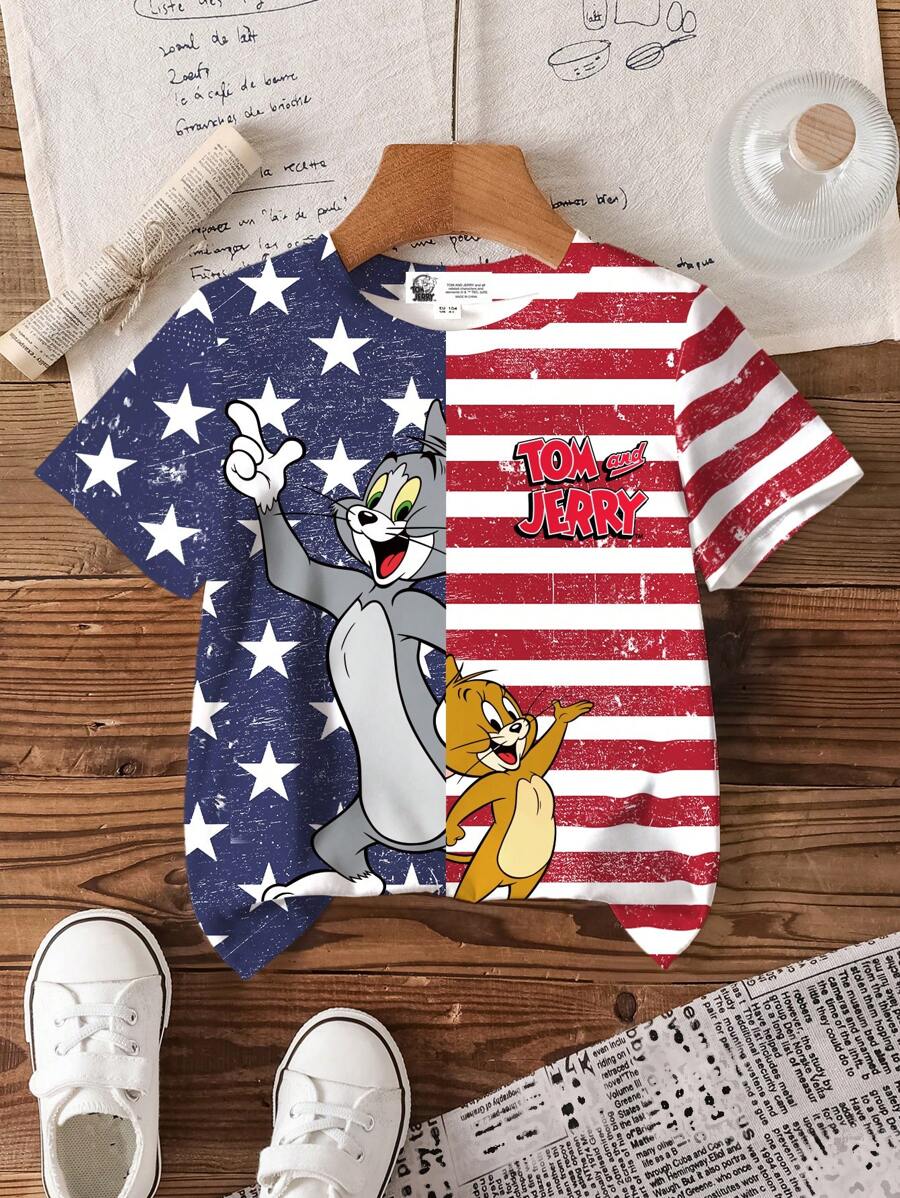 TOM & JERRY X SHEIN Young Boy Striped & Cartoon Pattern Round Neck Short Sleeve T-Shirt