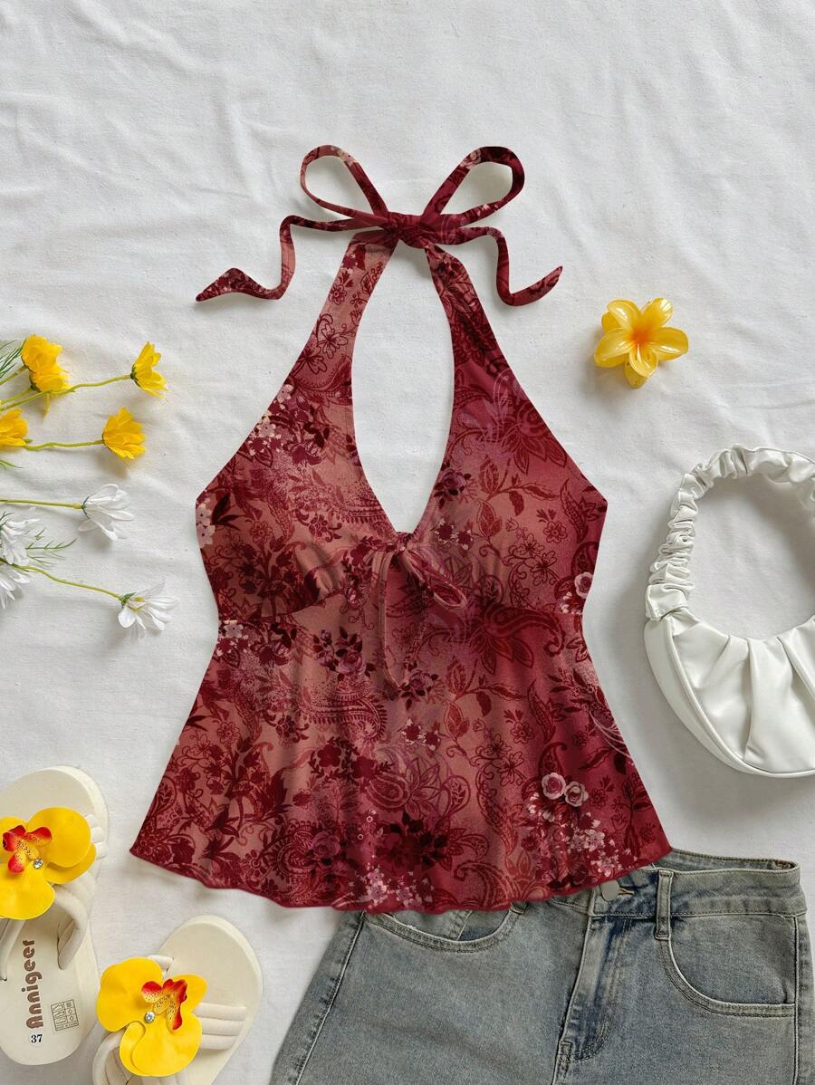 Soleia Women Casual Vacation V-Neck Bowknot Halter Backless Babydoll Top, Suitable For Holiday & Summer, Available In Encore Red Paisley Print, Vintage Style, Casual Vacation Style, Sexy, Cute, Y2K Coconut Girl, Boho, Music Festival,Rave Top