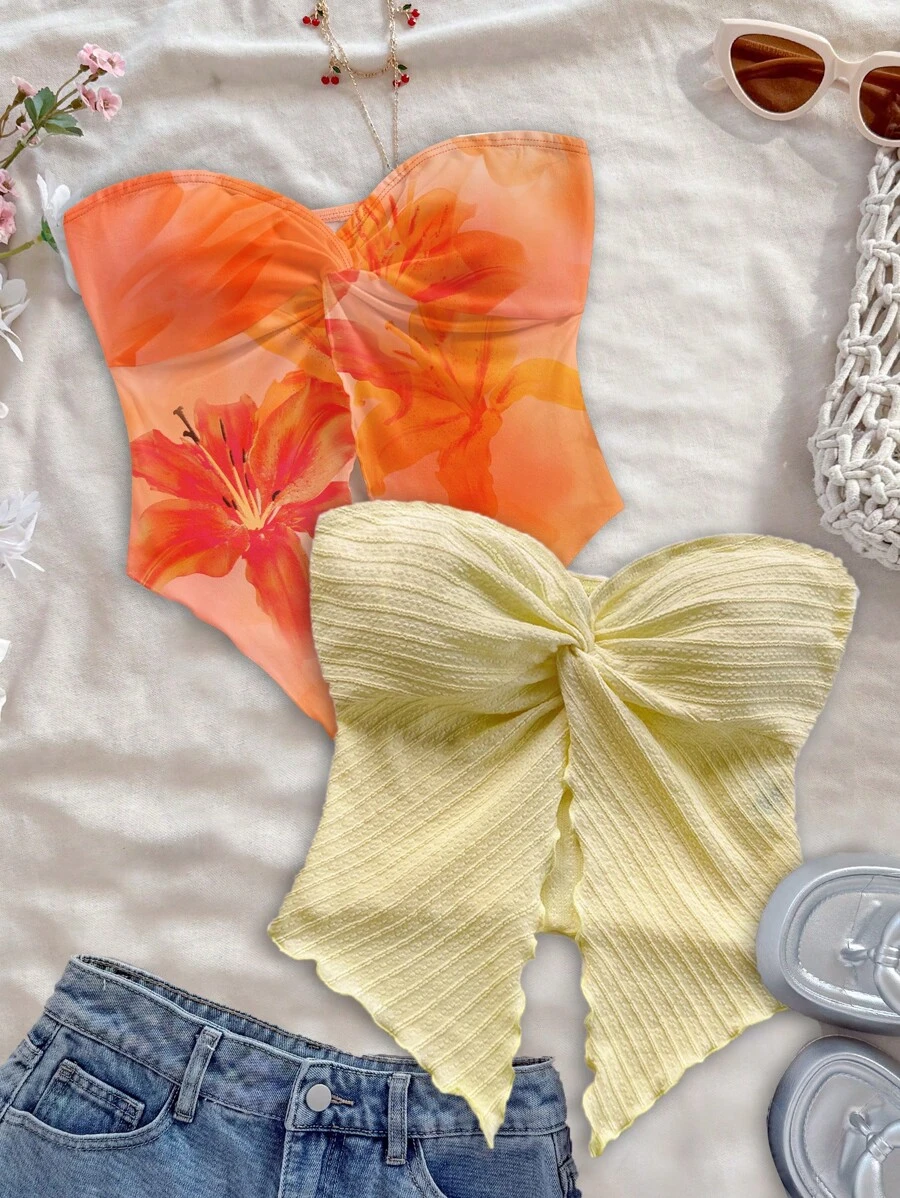 Soleia 2pcs Women Casual Summer Vacation Style Corset Top, Featuring Yellow Tie-Dye Pattern & Orange Tropical Flower Print, Asymmetrical Hemline, Suitable For Spring/Summer Holiday Tube Top