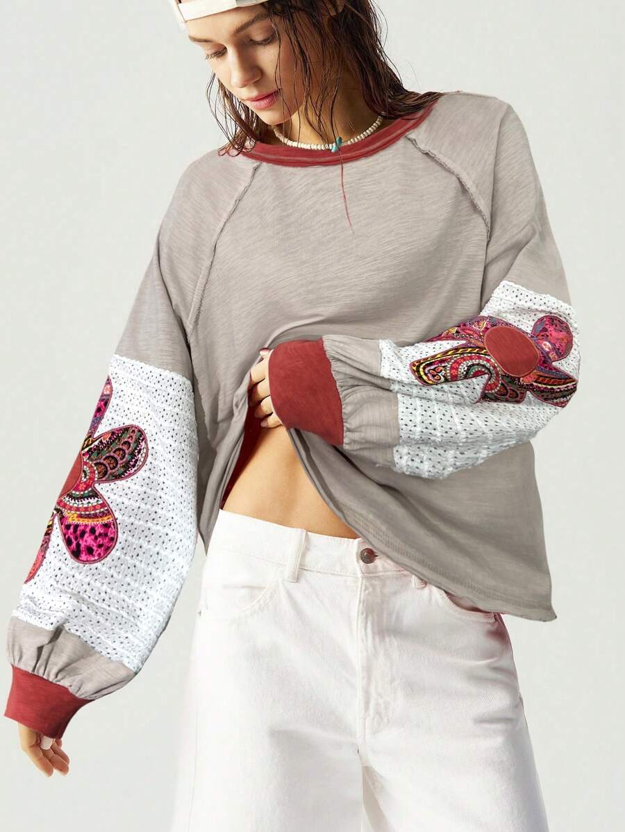 Bohemela T-shirt ample à col rond pour femmes, en maille de couleur unie, avec patchwork, manches lanternes et broderie florale
