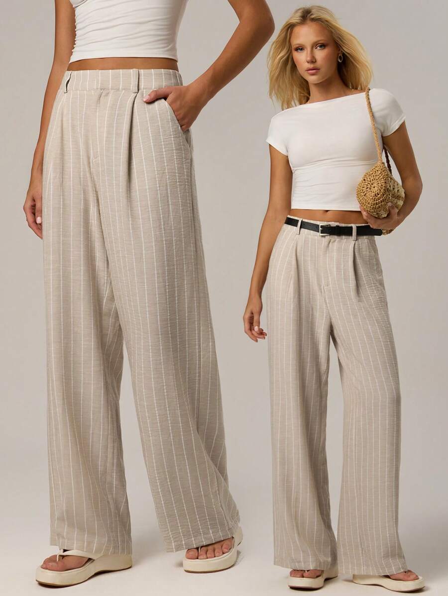 Avantive Vrouwen Khaki Gestreepte Broeken Hawaii Vrouwen Outfits Kantoor Dames Outfits Khaki Vrouwen Broeken Thuis Comfort