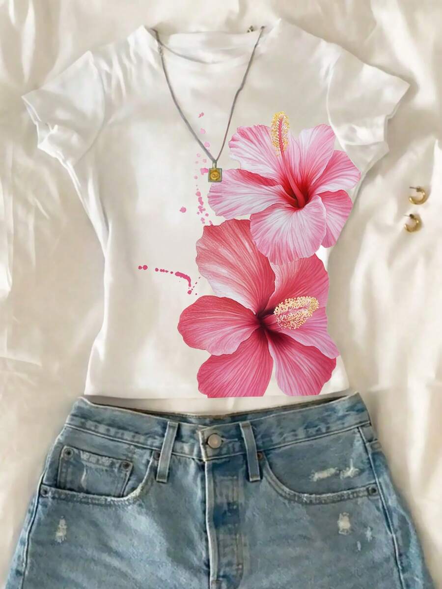 SHEIN GraphicGems T-shirt court ajusté mode pour adolescentes, adapté pour l'été