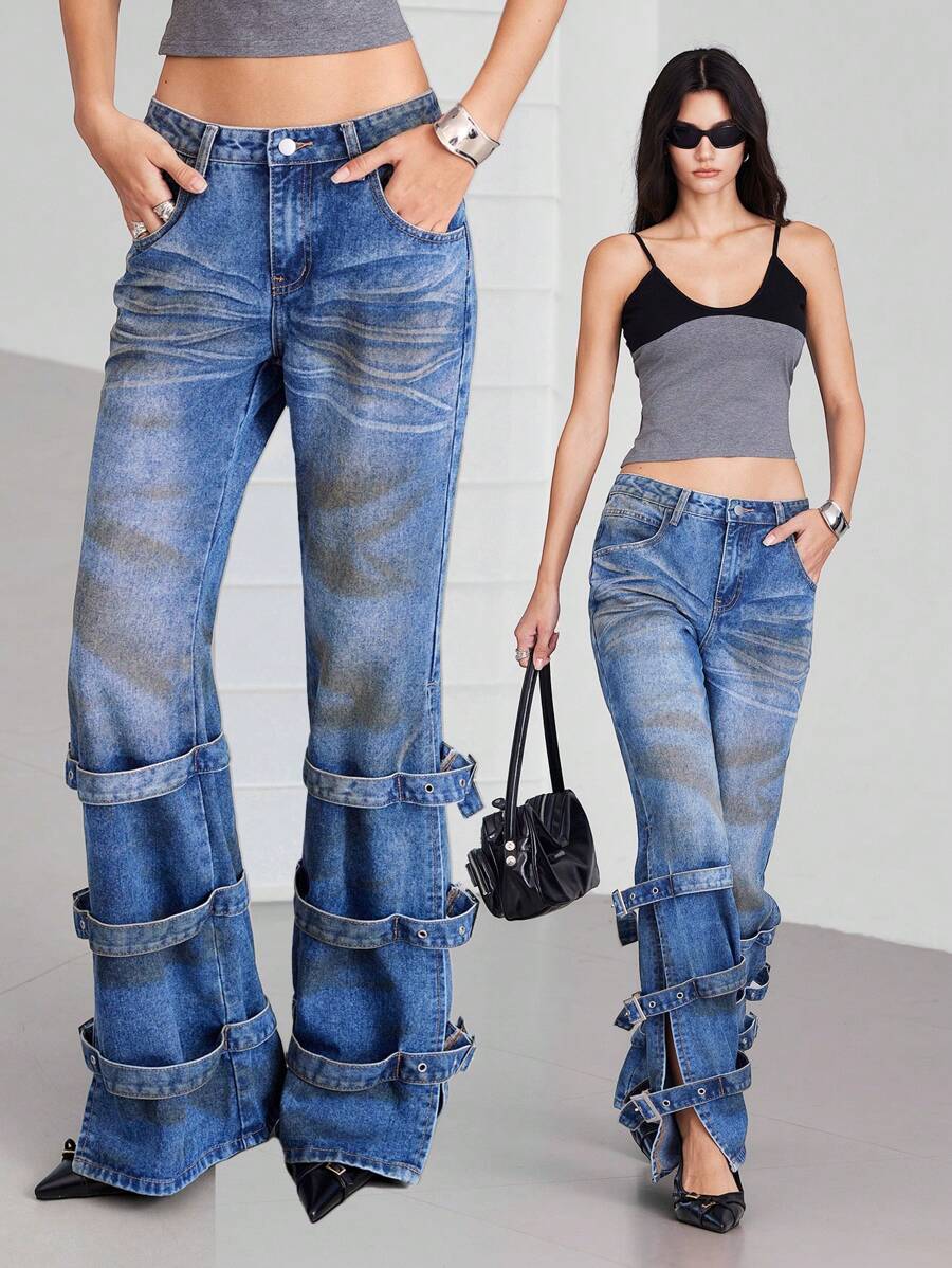LYSMO Jeans casual a zampa con tasche e design con fibbia regolabile per donna