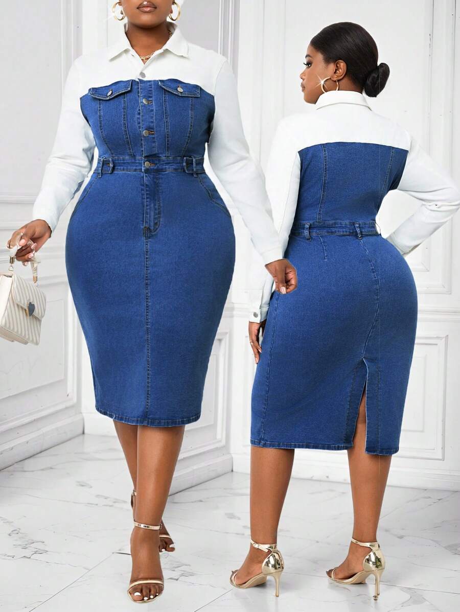 SHEIN Lady Vestido ajustado de manga larga casual de mezclilla con parches, tallas grandes