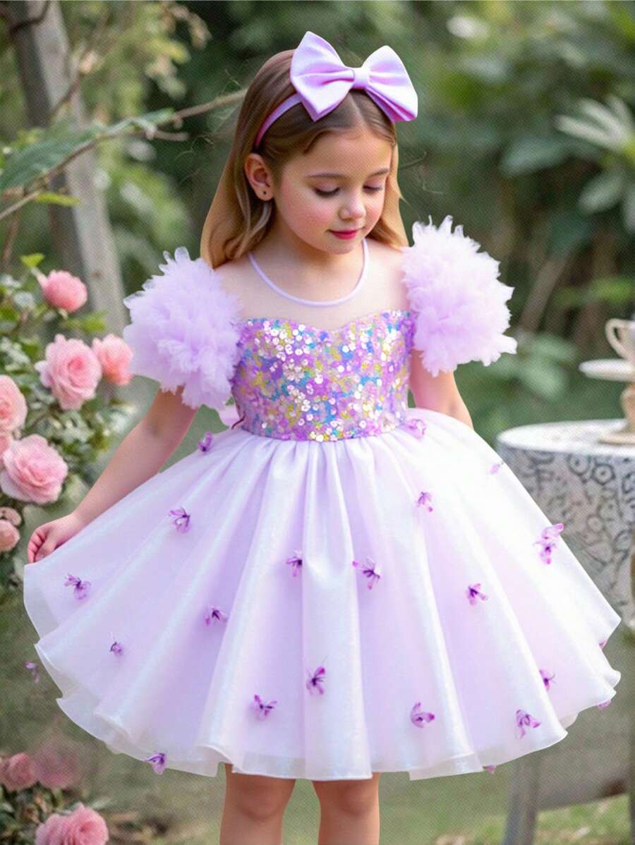 SHEIN Vestido de fiesta de estilo princesa con mangas abullonadas, con flores 3D y lentejuelas para niñas jóvenes, para cumpleaños, eventos escolares y verano