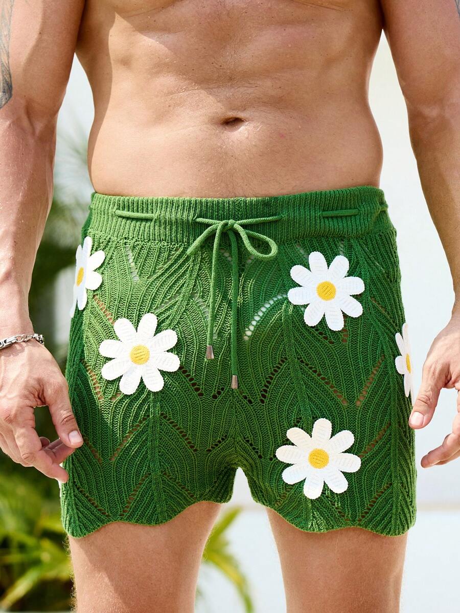 Manfinity VDAYZ Pantaloni scurți casual tricotați pentru bărbați, cu talie cu șnur și imprimeu floral