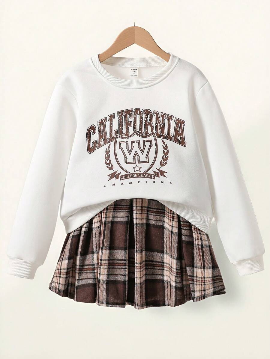 SHEIN Conjunto de 2 piezas con sudadera de cuello redondo estampada y falda plisada a cuadros para niña preadolescente