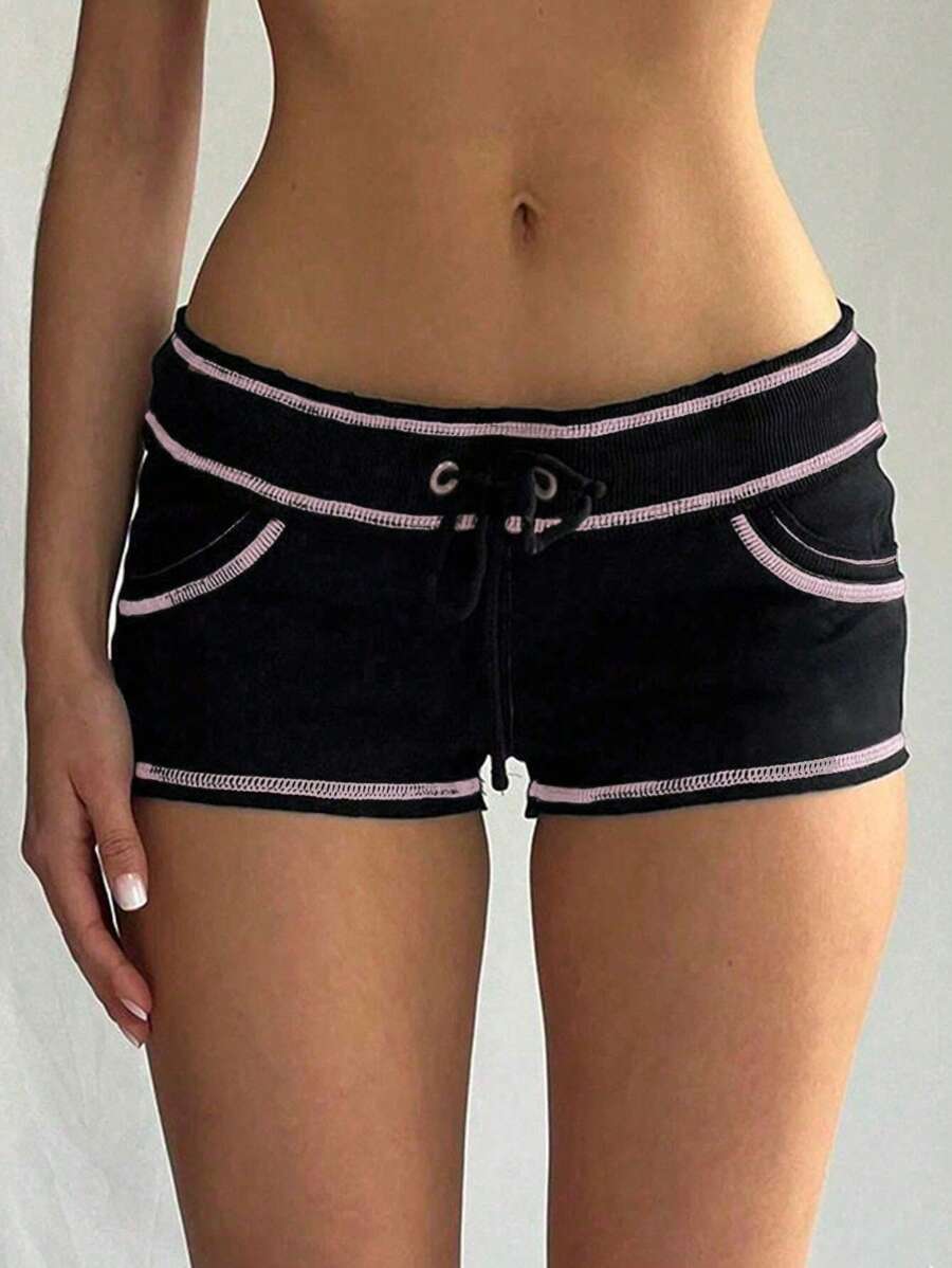 SHEIN EZwear Ladies' Colorblock Drawstring Shorts With Outer Seam Detail For Daily Wear