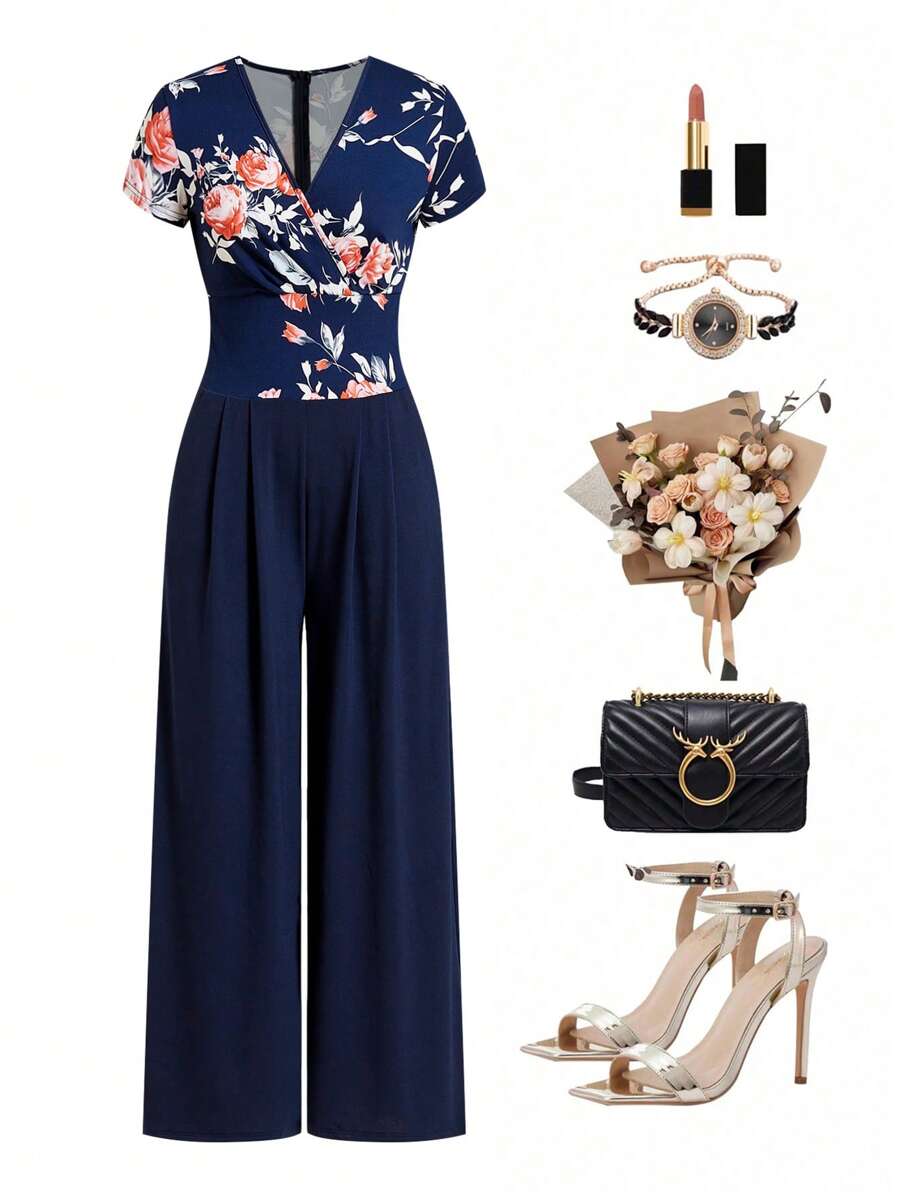 Ellevyn Mono elegante de pierna ancha con estampado floral romántico para mujer