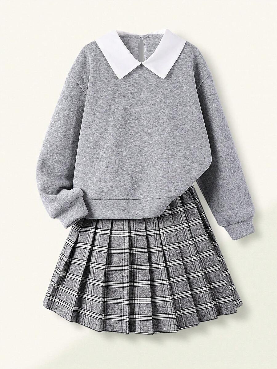 SHEIN Conjunto de niña preadolescente de sudadera con cuello de polo y falda 2 en 1