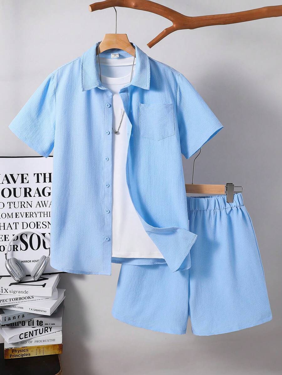 SHEIN 2 piezas Conjunto de camisa de manga corta y pantalón corto de niños adolescentes de textura de punto cómodo y casual, ropa de primavera