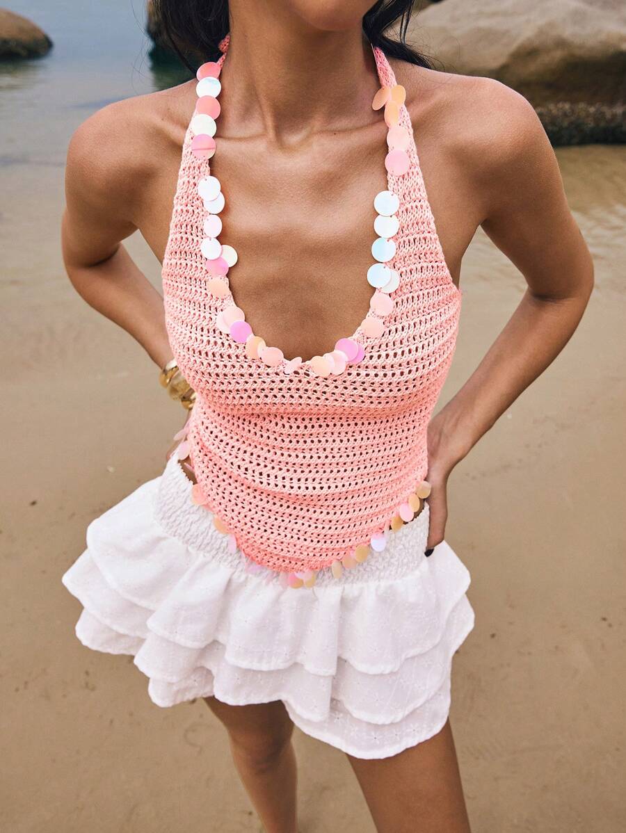 Poéselle Blusa de punto con cuello halter, de unicolor y con lentejuelas, para vacaciones de mujer