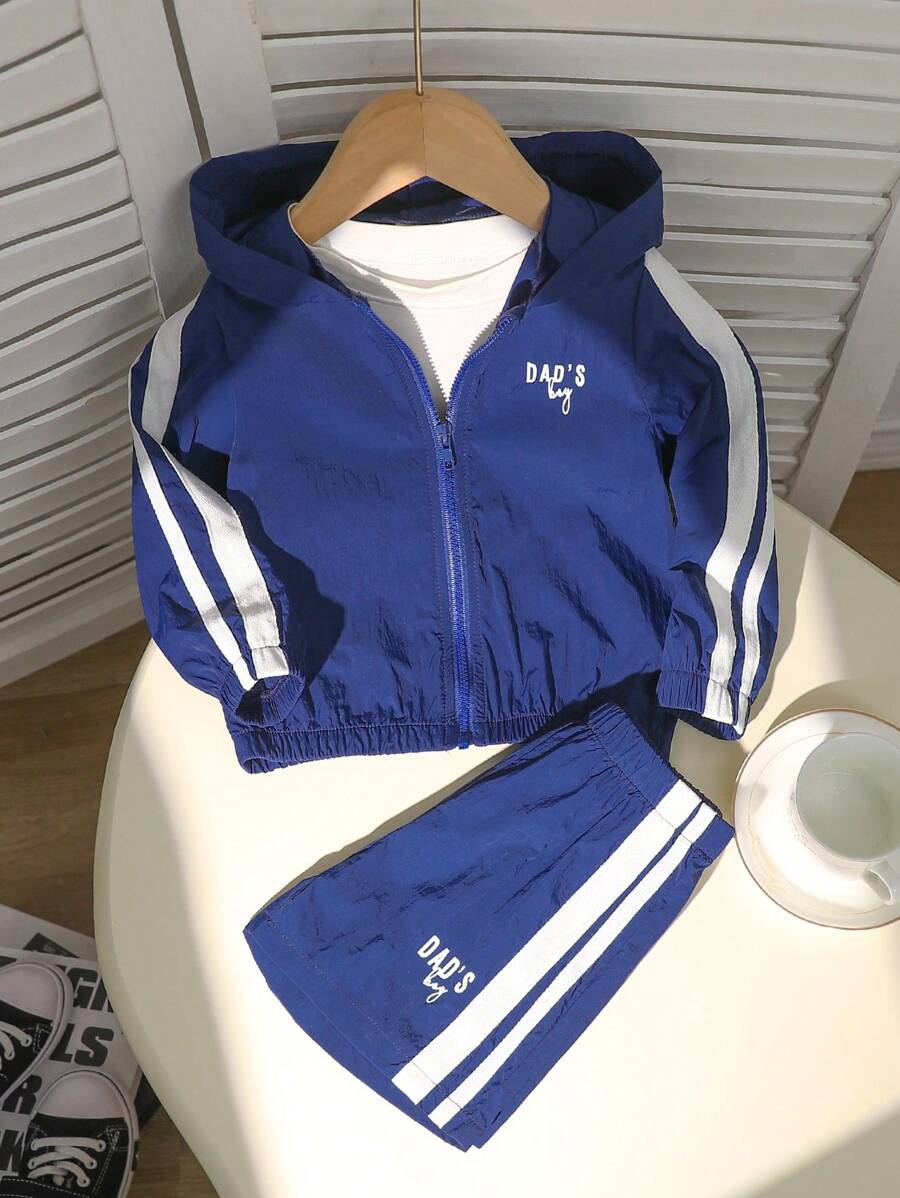 2pcs Baby Boy Outfits, Infant Long Sleeve Sporty Hooded Zip-Up Jacket And Shorts Set, Toddler Boys Casual Sports Suit. Top Is Woven Sun Protection Jacket With Elastic Cuffs And Open Front, Bottom Is Casual Sports Shorts. Tops & Shorts Have Contrast White Striped Trims, And Front Has DAD'S BOY Print. Suitable For Daily Wear, Sports, Vacation, Boy Clothes Set Brand Baby Clothes Toddler Clothes Baby Boy Summer Clothes Baby Clothes Sets Baby Boy Sports Clothes