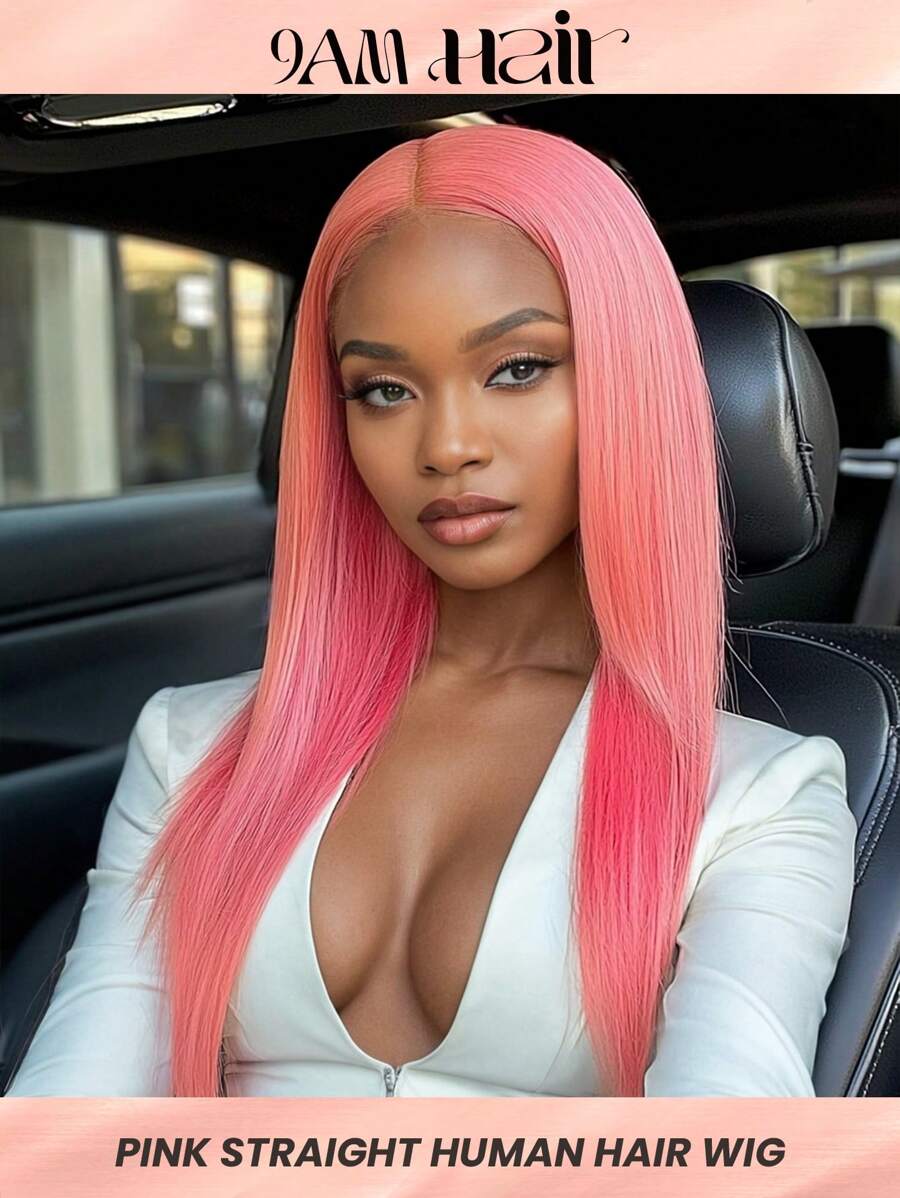 Hot Pink 13x4 Lace Front Human Hair Wigs For Women Transparent Lace Long Straight Remy Hair Daily Party Vacation All Day Wear 150% Density 22 Inches
