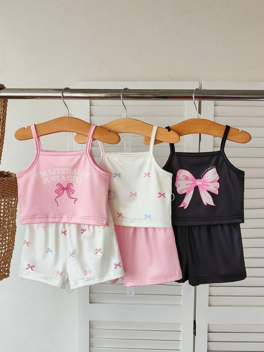 SHEIN 6 pièces/paquet Ensemble 2 pièces débardeur/camisole et short décoré d'un nœud pour petite fille/nouveau-né de 0 à 3 ans, style casual et mignon, printemps/été