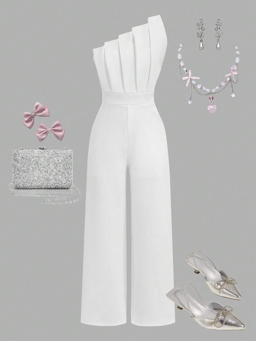 Mono asimétrico elegante de un solo hombro blanco para niñas preadolescentes