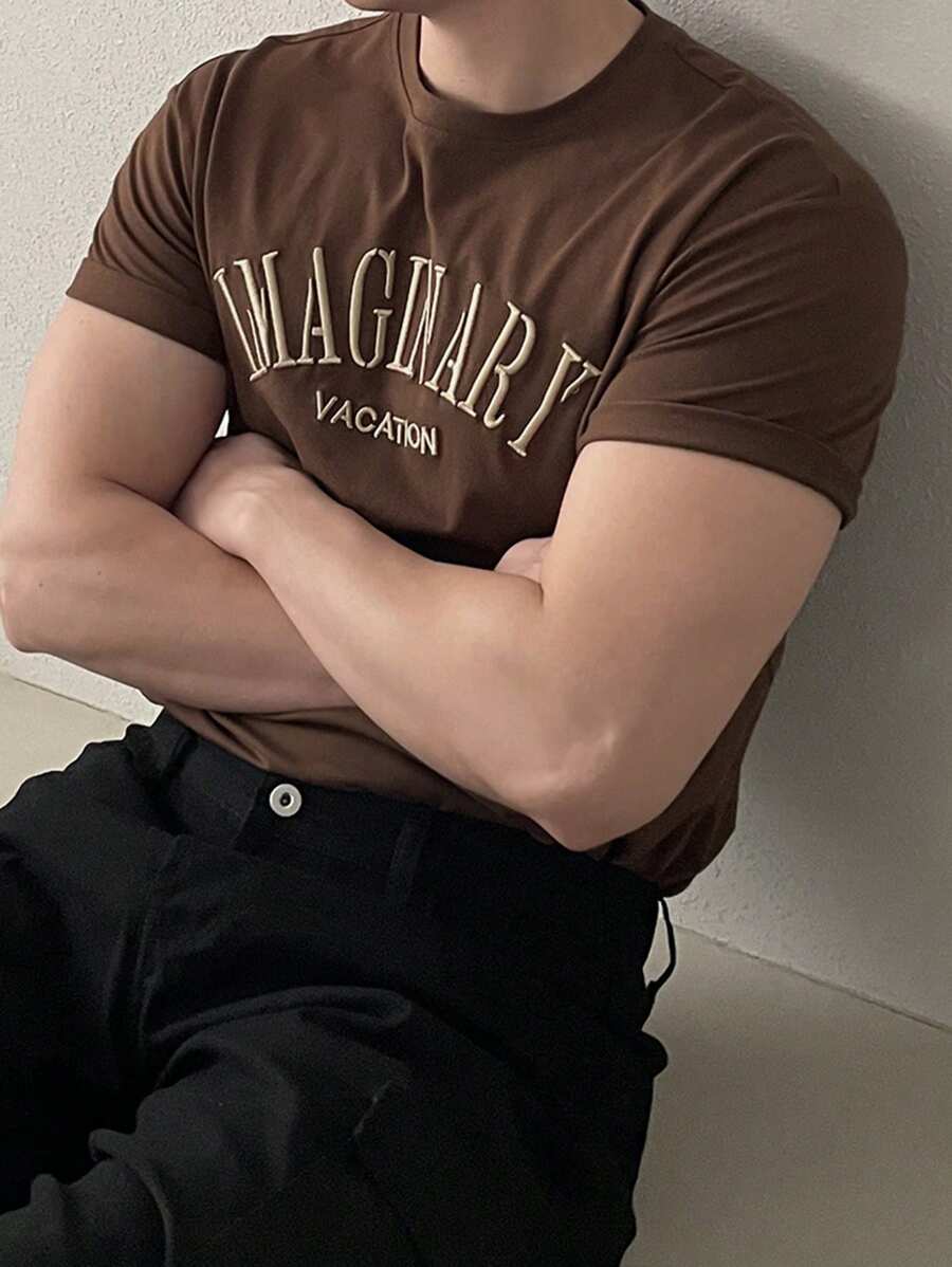 DAZY Camiseta casual de verano para hombre con bloqueo de color y bordado de letras