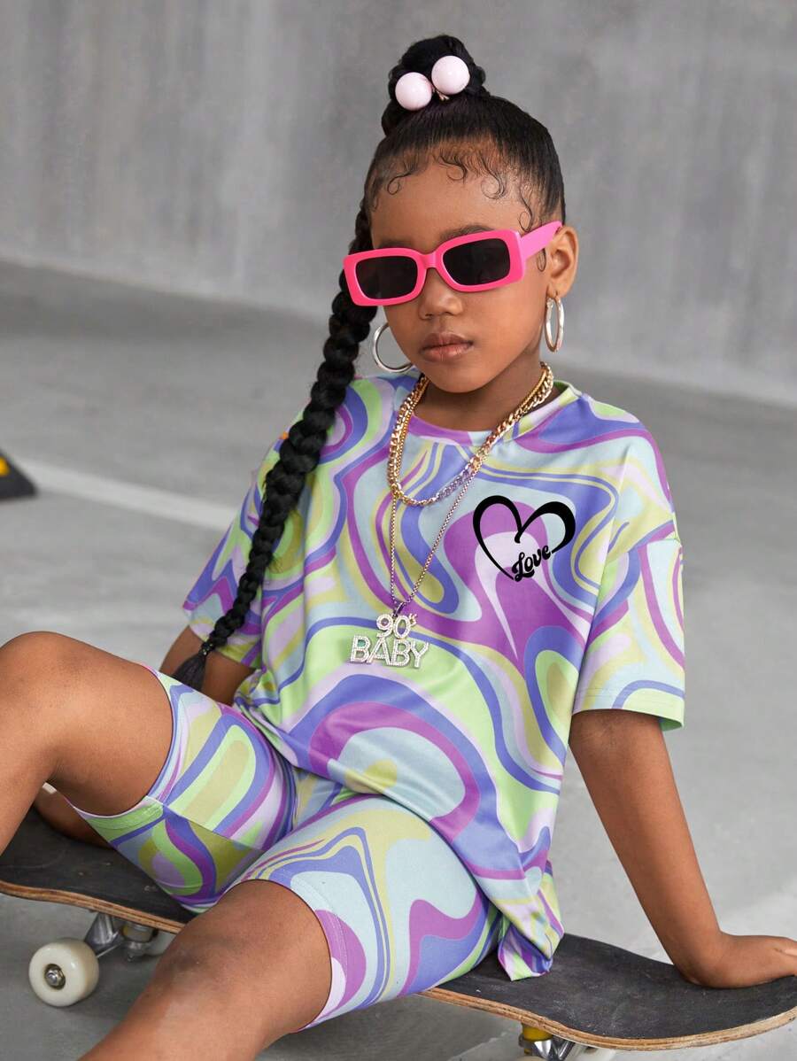 SHEIN Set de 2 piezas de camiseta de manga corta lisa y shorts de verano para niñas preadolescentes