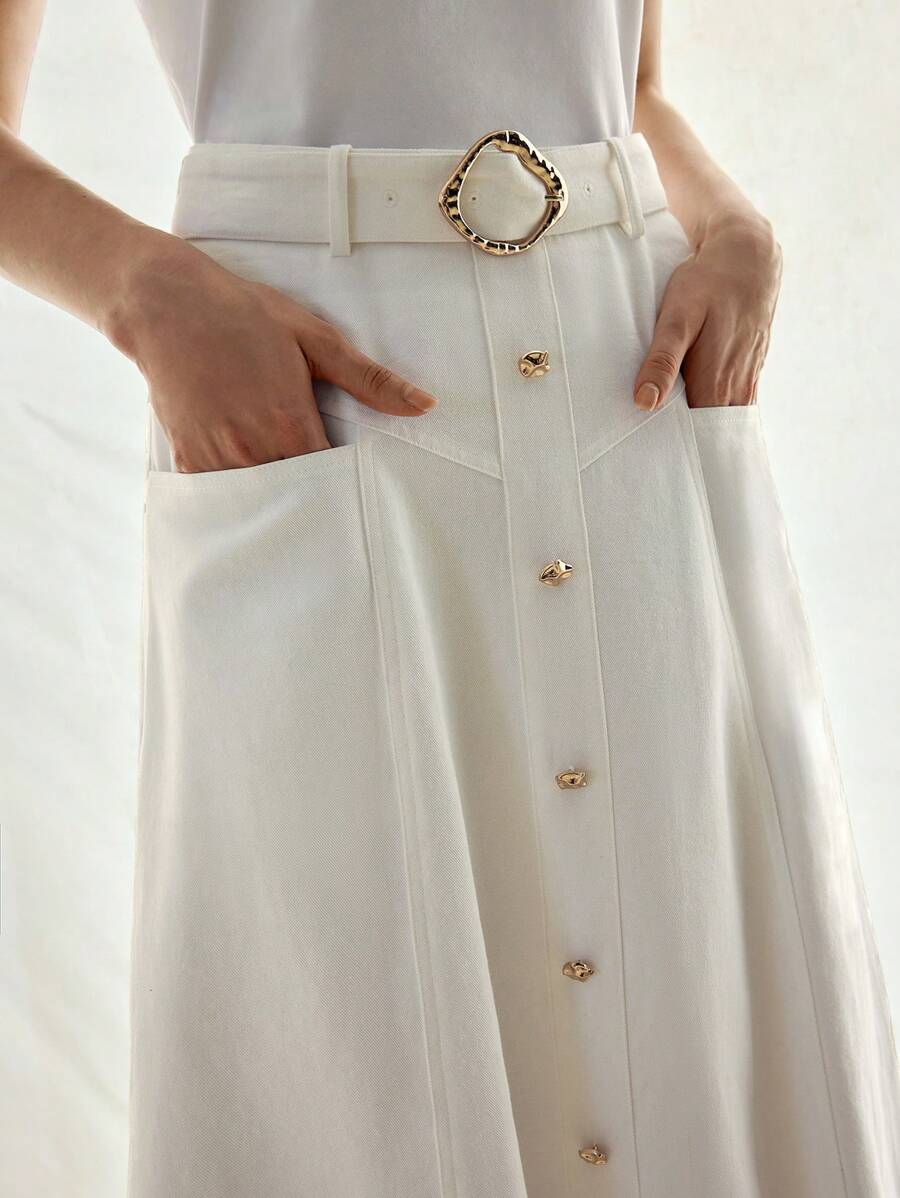 MOTF STUDIO BUTTON DECOR BELTED SKIRT
