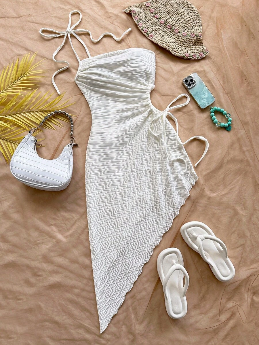 Soleia Vestito midi con spalla asimmetrica, coulisse, vita traforata e orlo asimmetrico, adatto per vacanze, appuntamenti, pomeriggio del tè, festival musicali, spiaggia, outfit estivi, stile boho, vacanze, uncinetto, lino