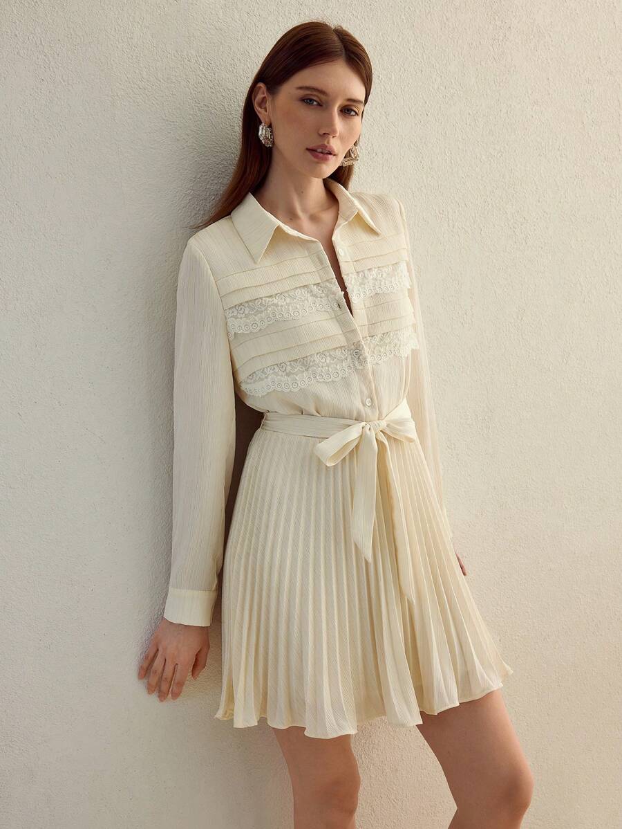 MOTF STUDIO LACE INSERT TEXTURED SATIN PLEATED SHORT DRESS, LONG SLEEVE SHIRT DRESS