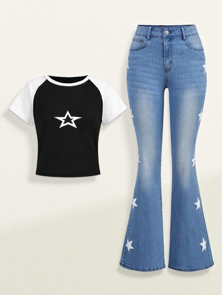SHEIN Ensemble deux pièces t-shirt et jean évasé pour adolescentes avec motif étoilé et blocs de couleur