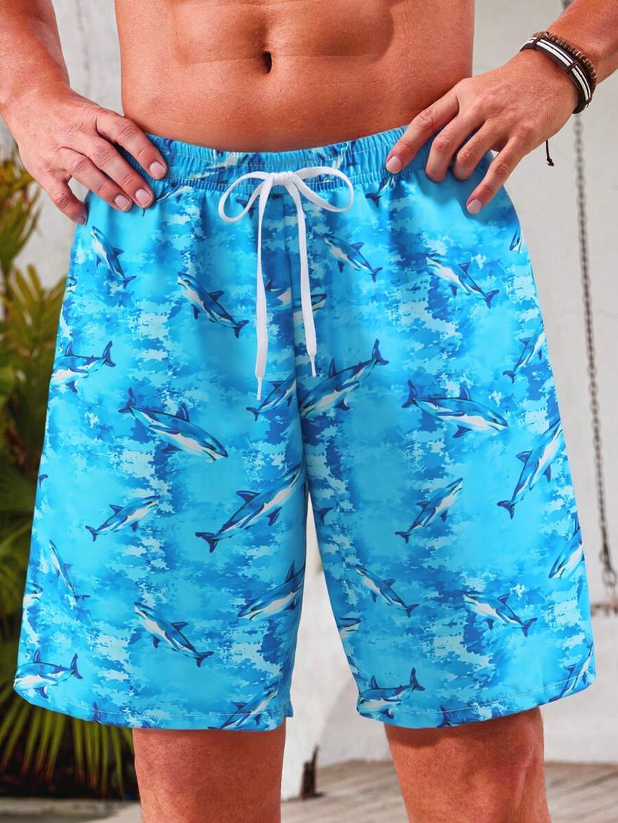 Men's Summer Shark Printed Woven Beach Shorts, Daddy And Me Matching Outfits (2 Pieces Sold Separately)
