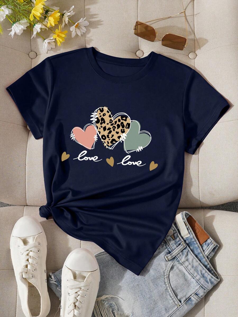 INAWLY Camiseta de verano informal de talla grande con cuello redondo y manga corta con gráfico de corazón