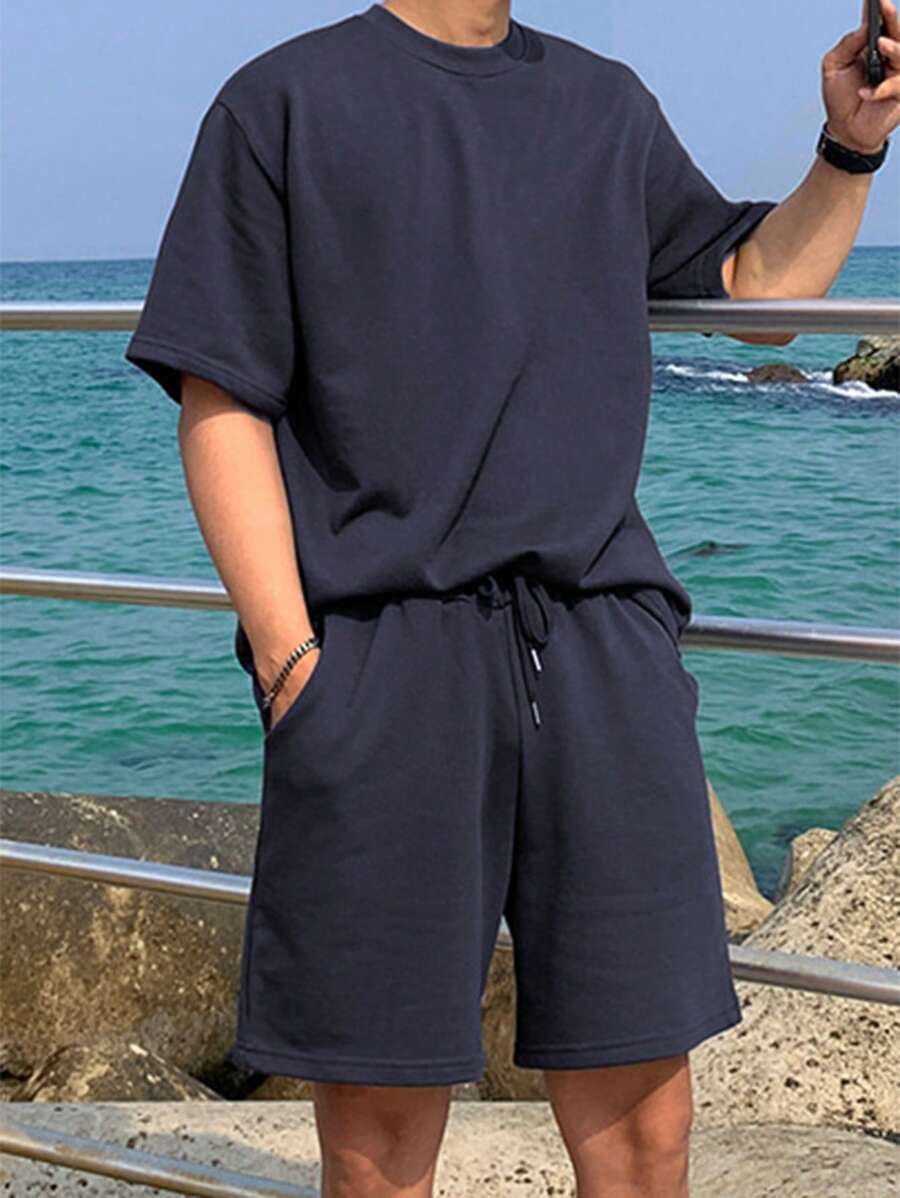 DAZY Set de 2 camisetas azul marino sólidas para hombre, de verano